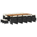 15 Piece Garden Dining Set with Cushions Black Poly Rattan - Front View