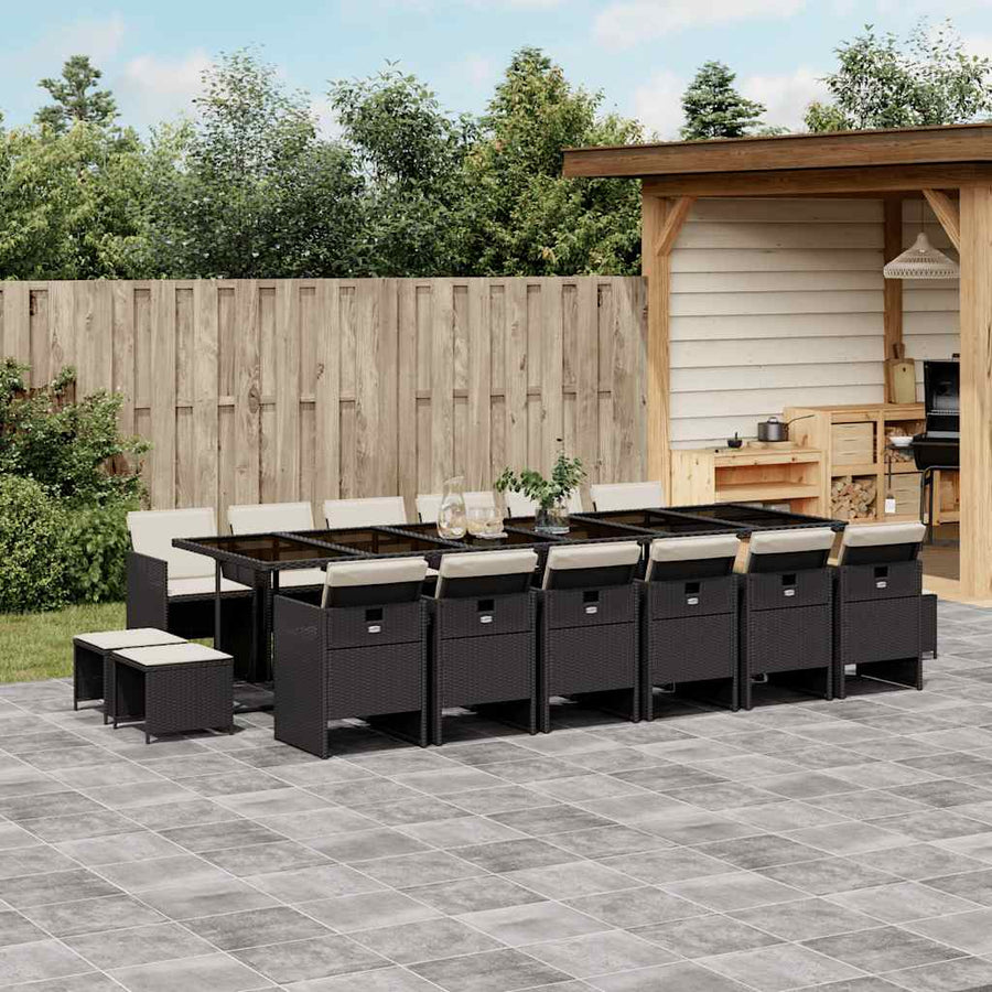 17 Piece Garden Dining Set with Cushions Black Poly Rattan