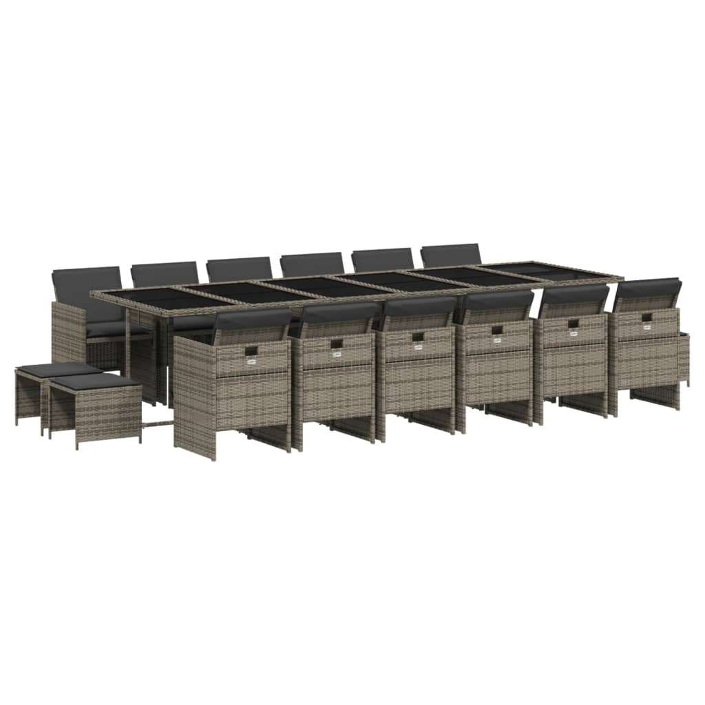 17 Piece Garden Dining Set with Cushions Grey Poly Rattan