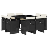 9 Piece Garden Dining Set with Cushions Black Poly Rattan