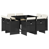 9 Piece Garden Dining Set with Cushions Black Poly Rattan - Front View