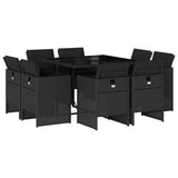 9 Piece Garden Dining Set with Cushions Black Poly Rattan - Front View