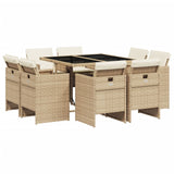 9 Piece Garden Dining Set with Cushions Beige Poly Rattan - Front View