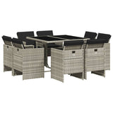 9 Piece Garden Dining Set with Cushions Light Grey Poly Rattan - Front View