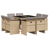 9 Piece Garden Dining Set with Cushions Mix Beige Poly Rattan - Front View