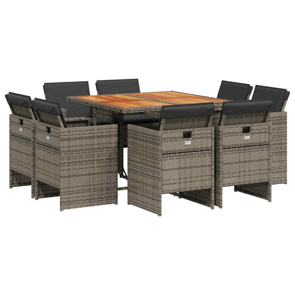 9 Piece Garden Dining Set with Cushions Grey Poly Rattan