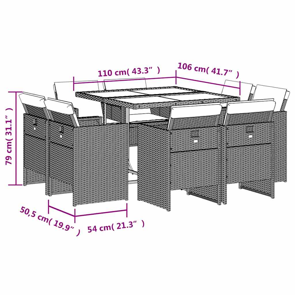 9 Piece Garden Dining Set with Cushions Grey Poly Rattan