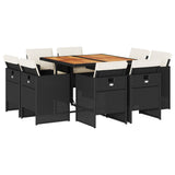 9 Piece Garden Dining Set with Cushions Black Poly Rattan - Front View