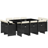 11 Piece Garden Dining Set with Cushions Black Poly Rattan - Front View