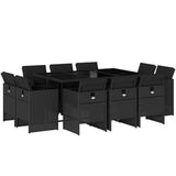 11 Piece Garden Dining Set with Cushions Black Poly Rattan - Front View