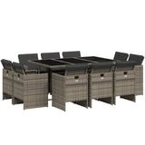 11 Piece Garden Dining Set with Cushions Grey Poly Rattan - Front View