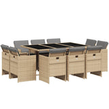 11 Piece Garden Dining Set with Cushions Mix Beige Poly Rattan - Front View