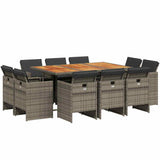 11 Piece Garden Dining Set with Cushions Grey Poly Rattan - Front View