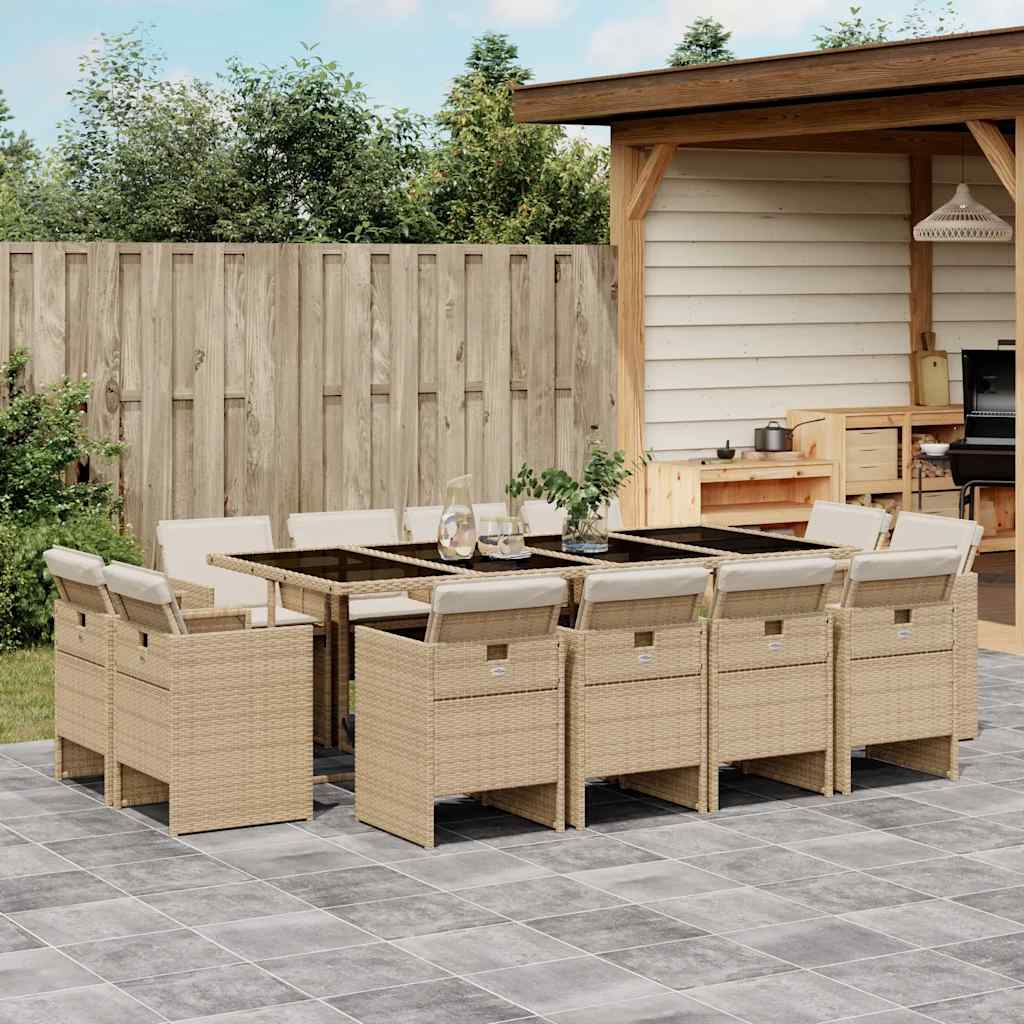 13 Piece Garden Dining Set with Cushions Beige Poly Rattan