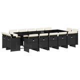 15 Piece Garden Dining Set with Cushions Black Poly Rattan - Front View