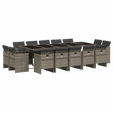 15 Piece Garden Dining Set with Cushions Grey Poly Rattan - Front View