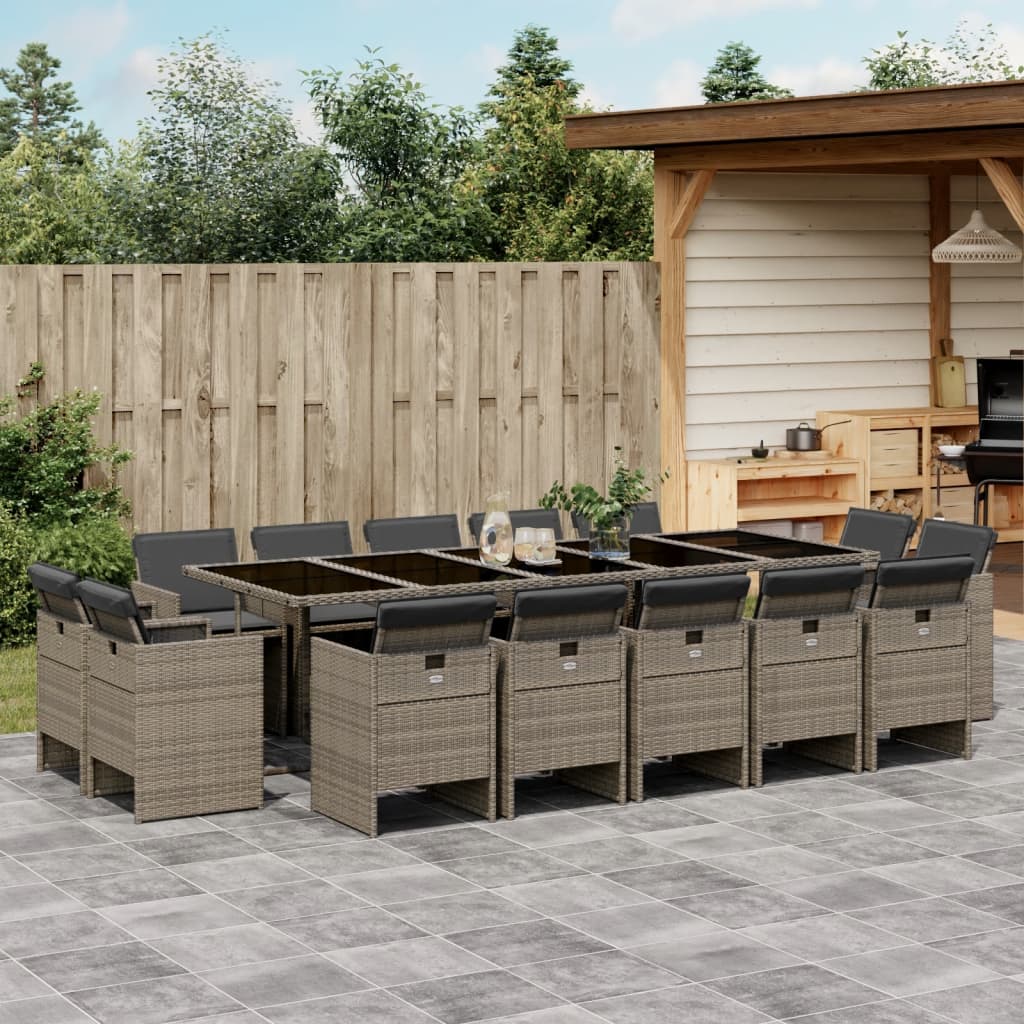 15 Piece Garden Dining Set with Cushions Grey Poly Rattan