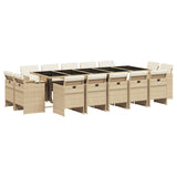 15 Piece Garden Dining Set with Cushions Beige Poly Rattan - Front View