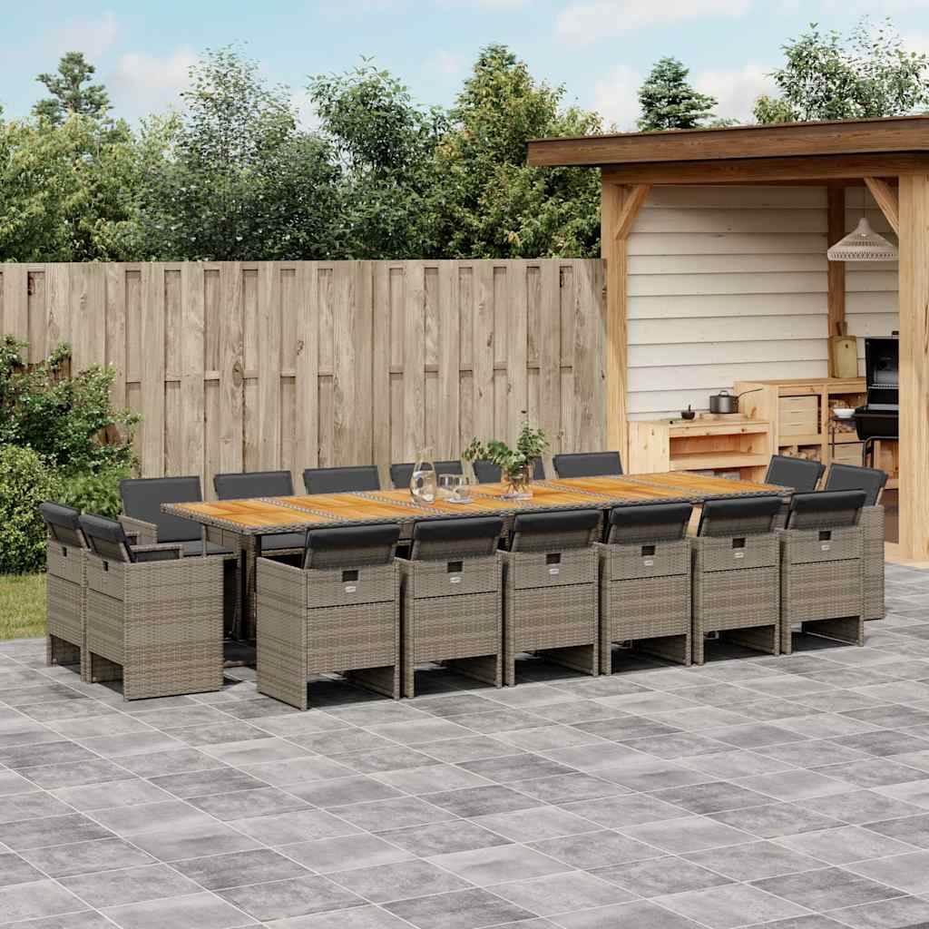 17 Piece Garden Dining Set with Cushions Grey Poly Rattan