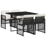 5 Piece Garden Dining Set with Cushions Black Poly Rattan