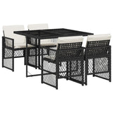 5 Piece Garden Dining Set with Cushions Black Poly Rattan - Front View