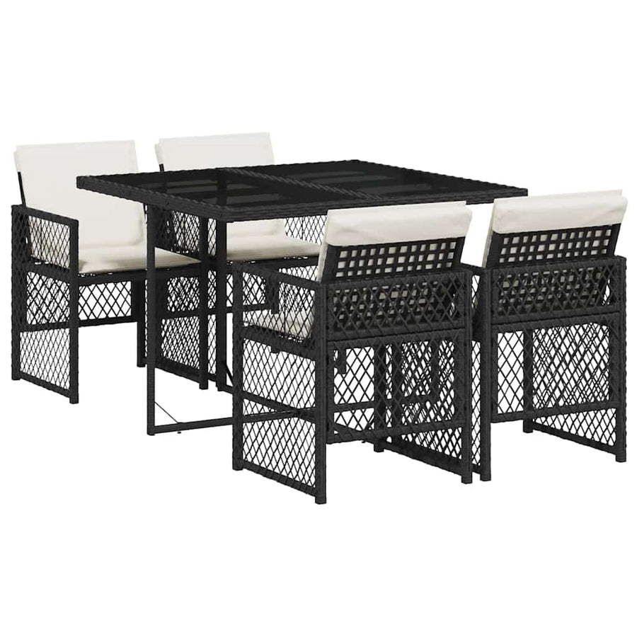 5 Piece Garden Dining Set with Cushions Black Poly Rattan