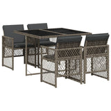5 Piece Garden Dining Set with Cushions Grey Poly Rattan - Front View