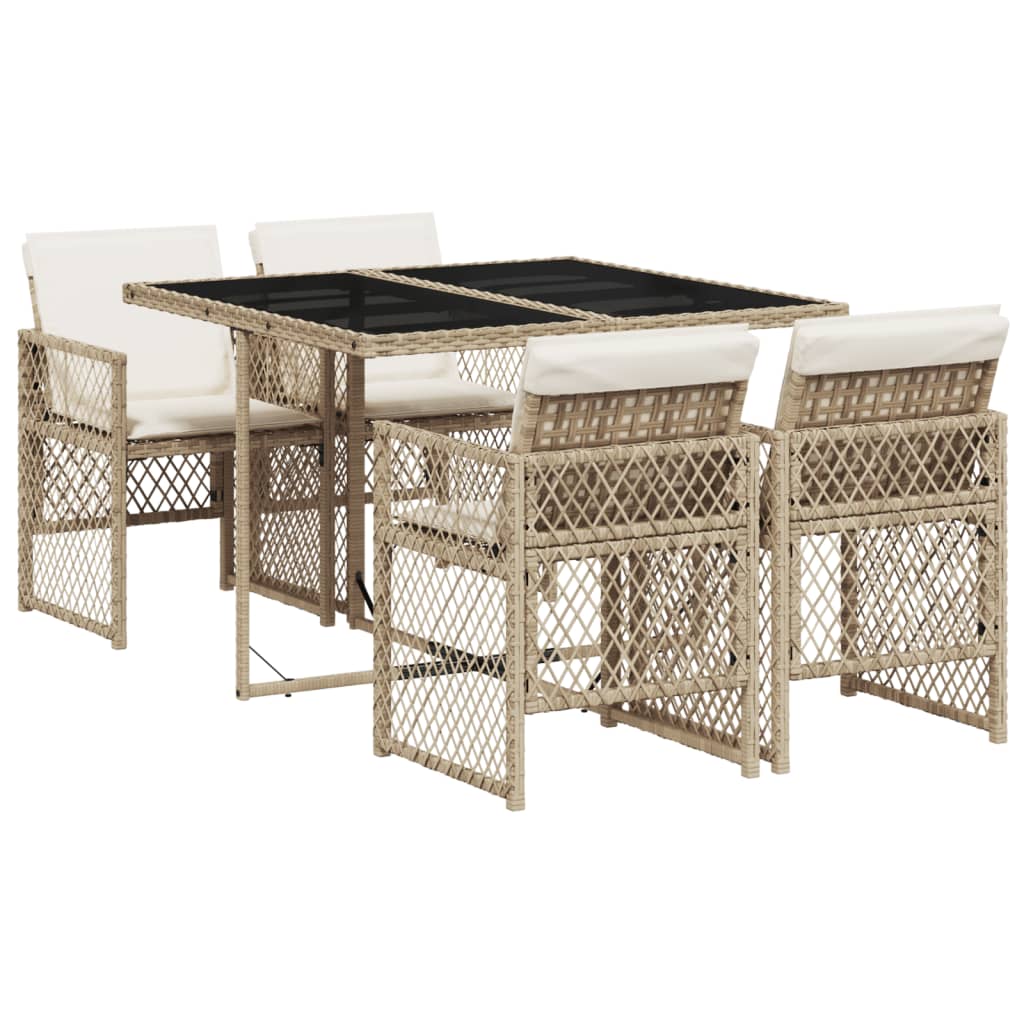 5 Piece Garden Dining Set with Cushions Beige Poly Rattan