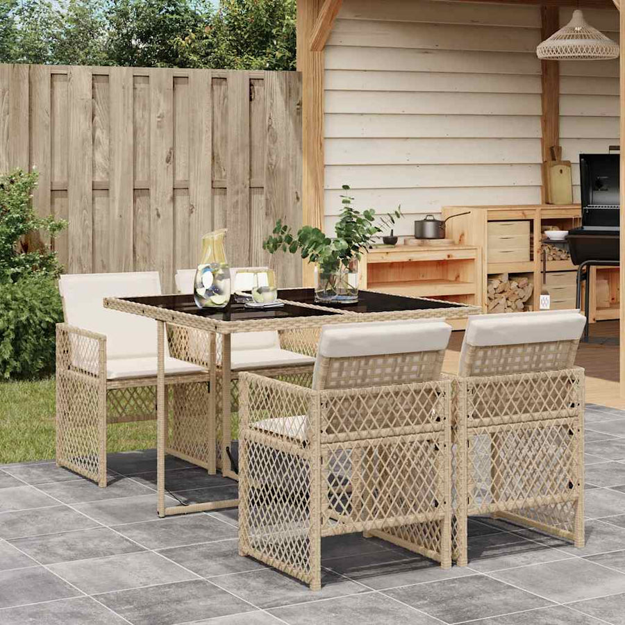 5 Piece Garden Dining Set with Cushions Beige Poly Rattan