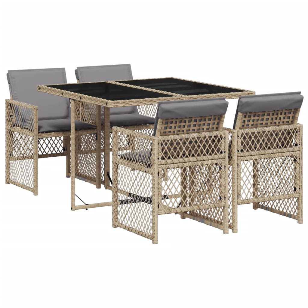 5 Piece Garden Dining Set with Cushions Beige Poly Rattan