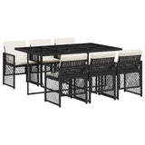 7 Piece Garden Dining Set with Cushions Black Poly Rattan - Front View
