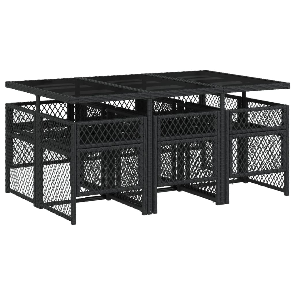 7 Piece Garden Dining Set with Cushions Black Poly Rattan