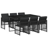 7 Piece Garden Dining Set with Cushions Black Poly Rattan - Front View