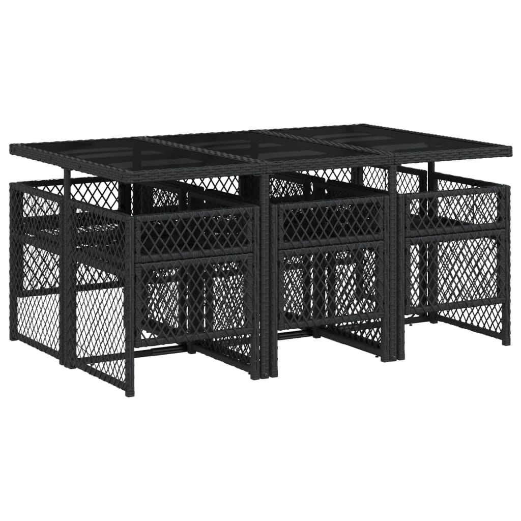 7 Piece Garden Dining Set with Cushions Black Poly Rattan