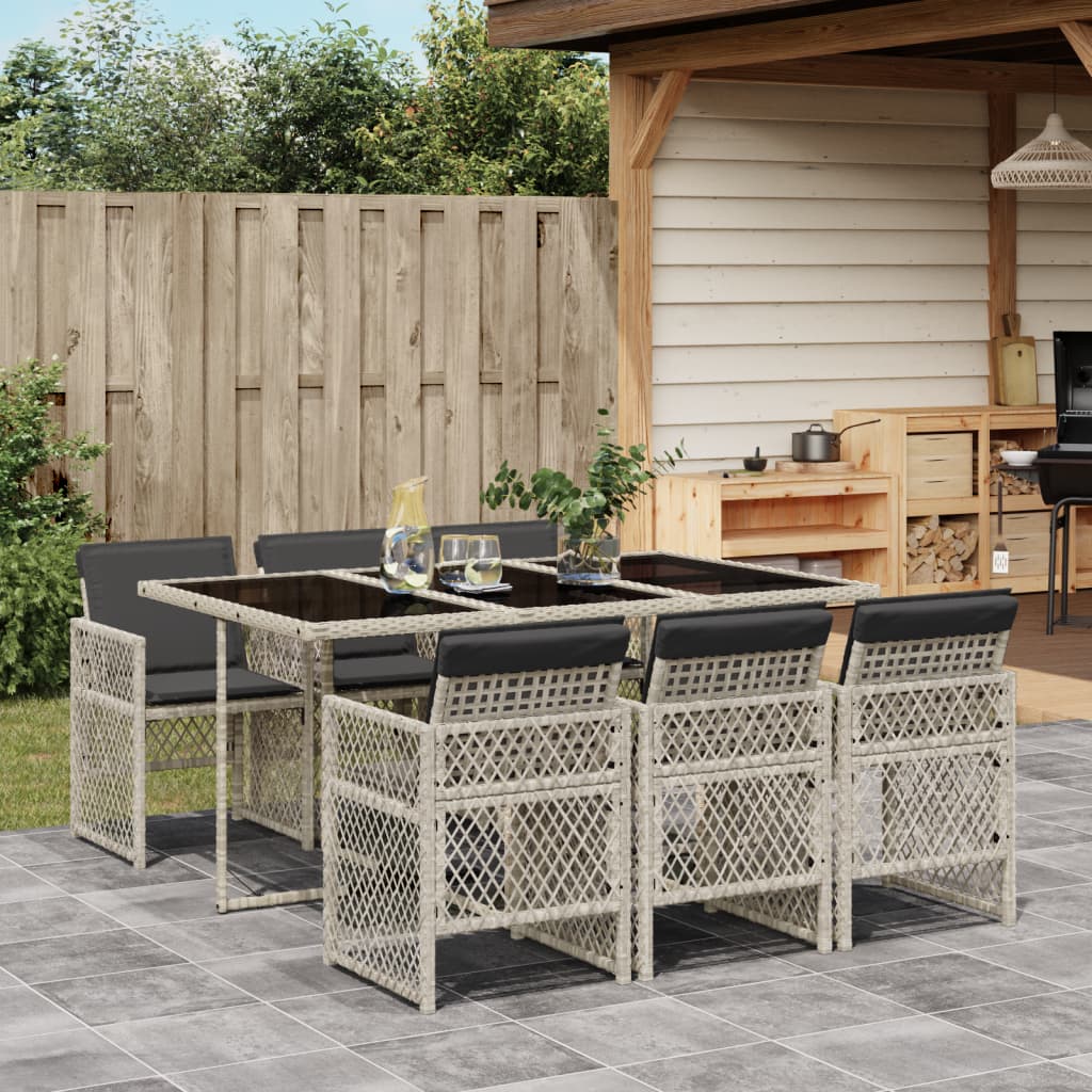 7 Piece Garden Dining Set with Cushions Light Grey Poly Rattan