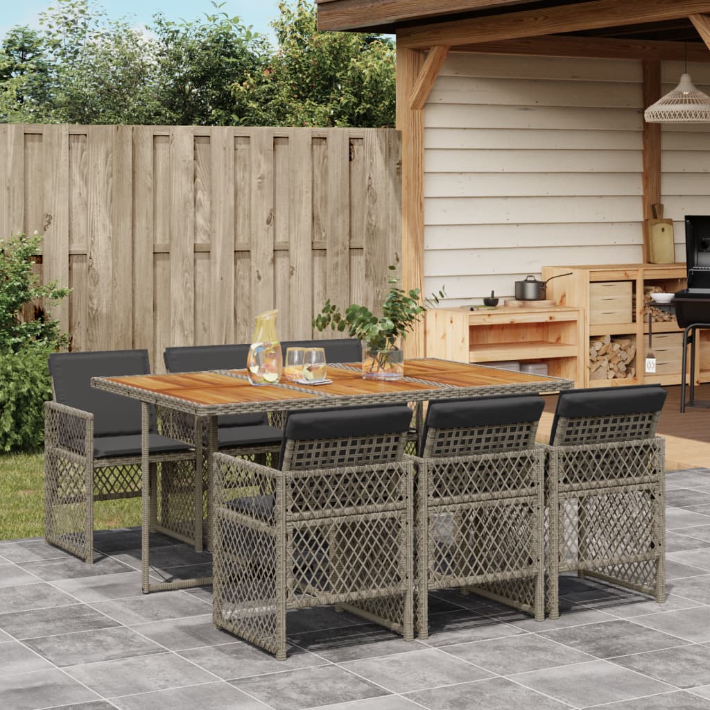 7 Piece Garden Dining Set with Cushions Grey Poly Rattan