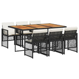 7 Piece Garden Dining Set with Cushions Black Poly Rattan - Front View
