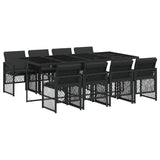 9 Piece Garden Dining Set with Cushions Black Poly Rattan - Front View