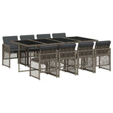 9 Piece Garden Dining Set with Cushions Grey Poly Rattan - Front View