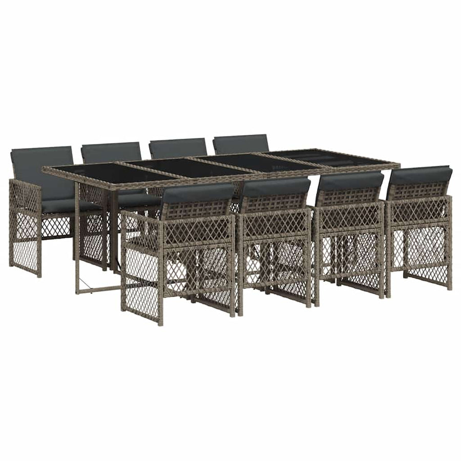 9 Piece Garden Dining Set with Cushions Grey Poly Rattan