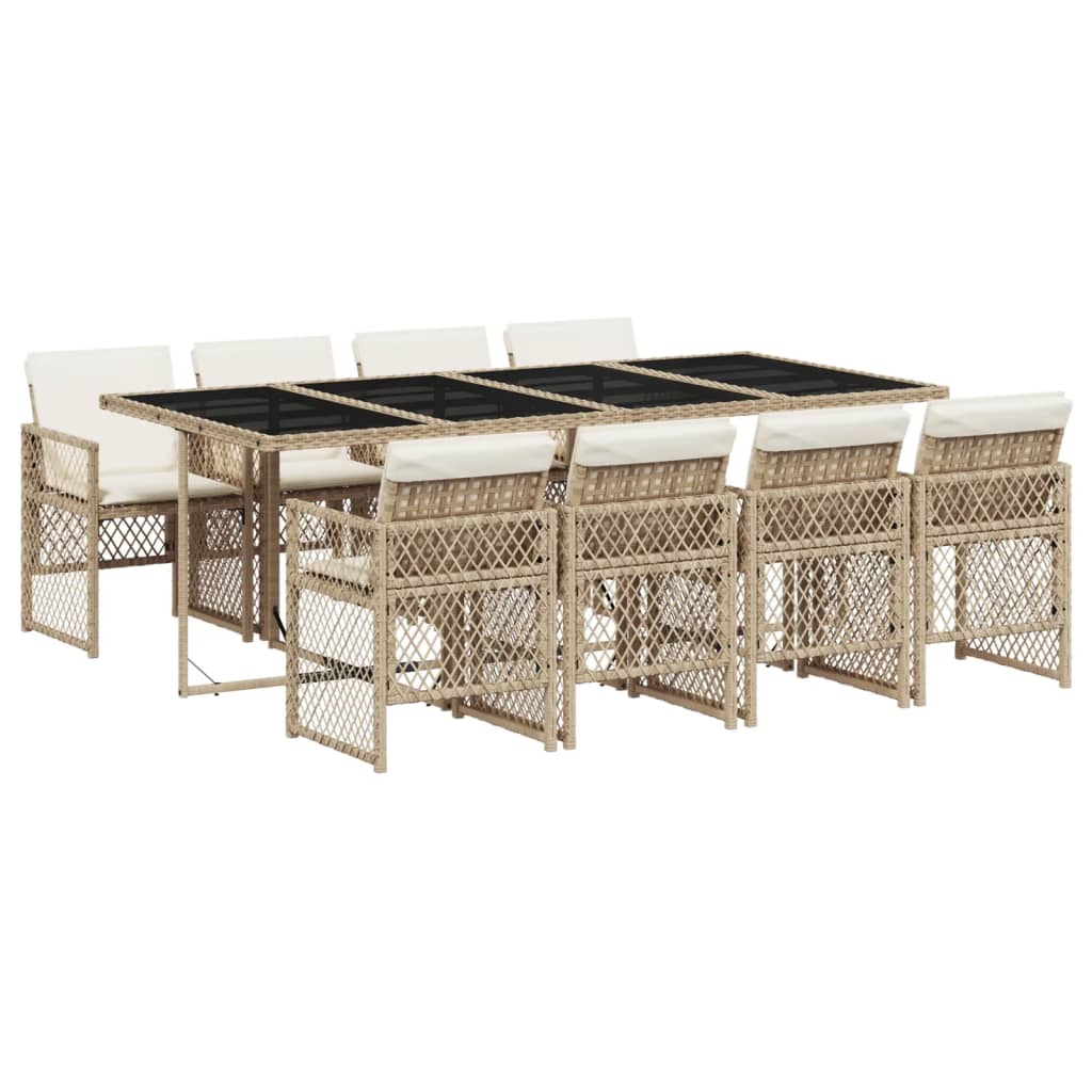 9 Piece Garden Dining Set with Cushions Beige Poly Rattan