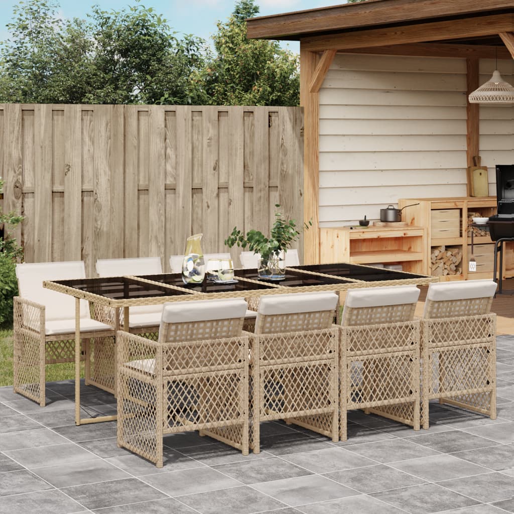 9 Piece Garden Dining Set with Cushions Beige Poly Rattan