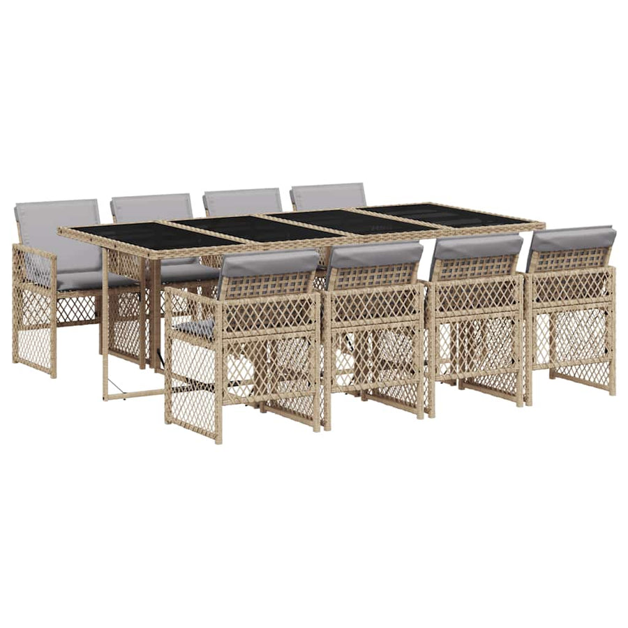 9 Piece Garden Dining Set with Cushions Beige Poly Rattan