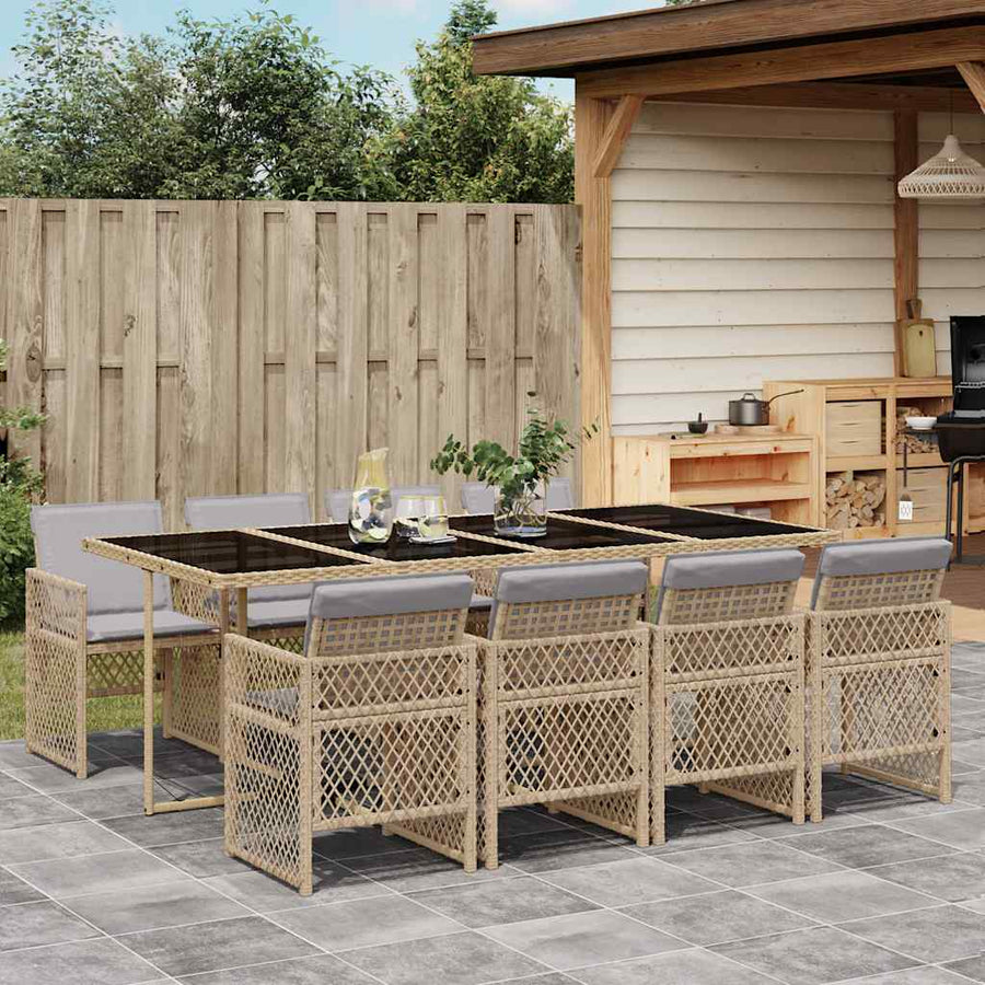 9 Piece Garden Dining Set with Cushions Beige Poly Rattan