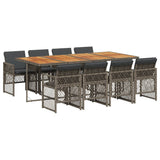 9 Piece Garden Dining Set with Cushions Grey Poly Rattan - Front View
