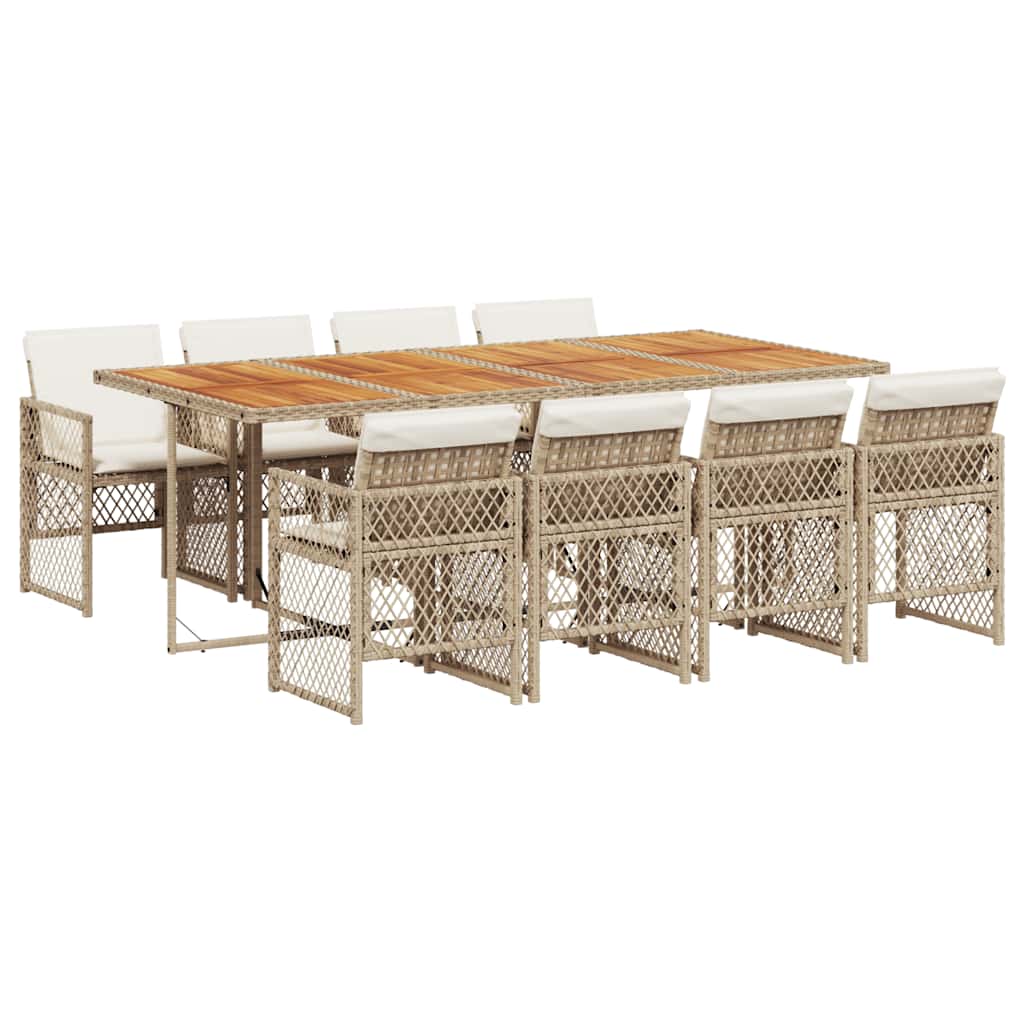 9 Piece Garden Dining Set with Cushions Beige Poly Rattan