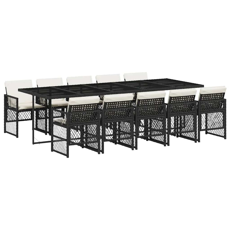 11 Piece Garden Dining Set with Cushions Black Poly Rattan