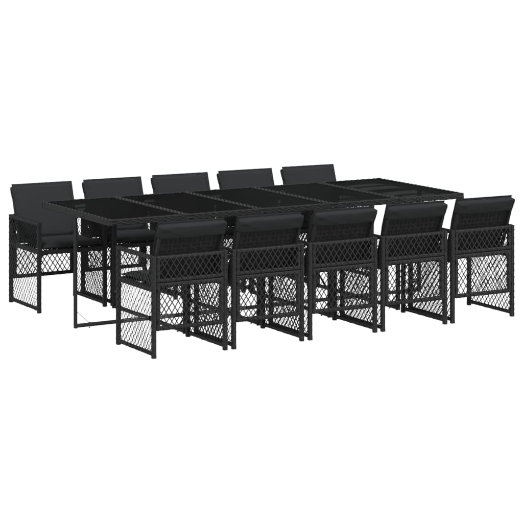 11 Piece Garden Dining Set with Cushions Black Poly Rattan