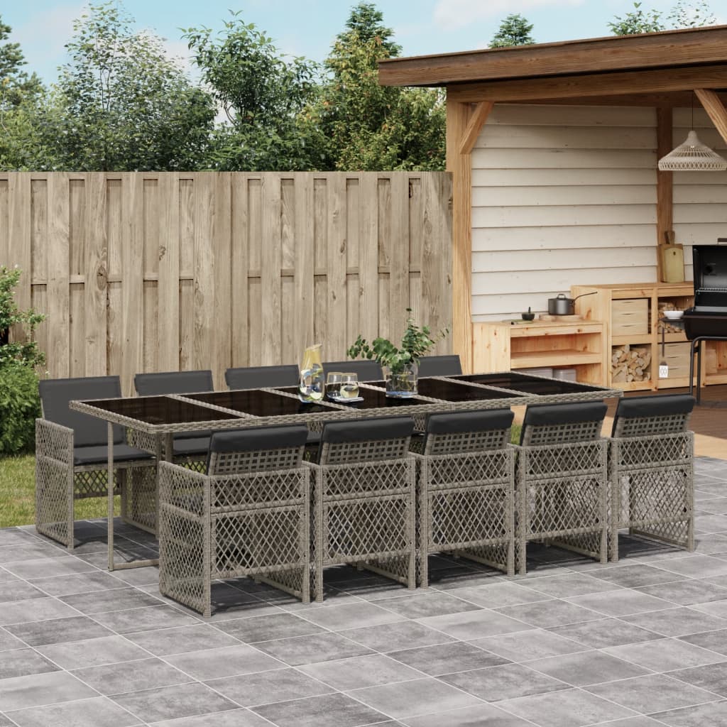 11 Piece Garden Dining Set with Cushions Grey Poly Rattan