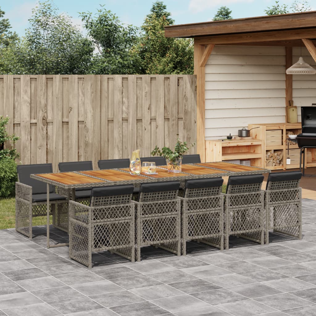 11 Piece Garden Dining Set with Cushions Grey Poly Rattan
